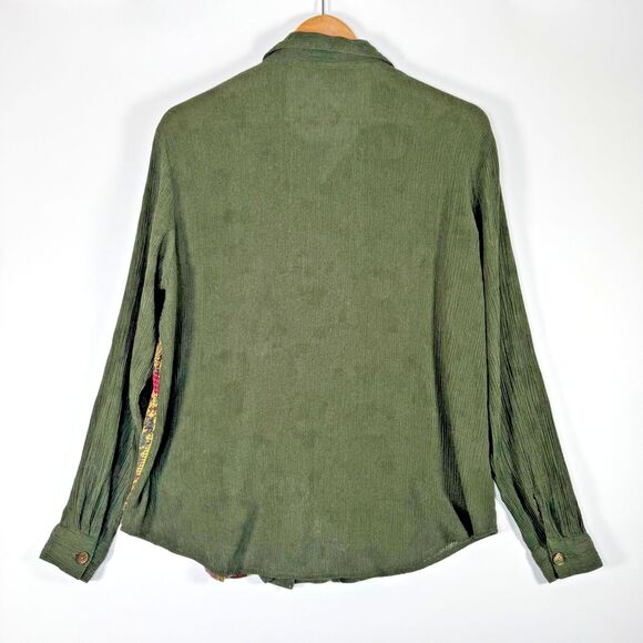 CM Shapes Blouse Womens Large Green Patchwork Rayon Crinkle Boho Artsy - Picture 3 of 11